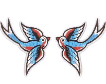 Vintage Folklore Style Swallow Bird Embroidered Patches – Small 2-Piece Set – DIY Iron-On 2.5 Inch - Left and Right Tattoo Design