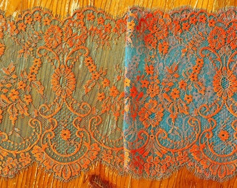 Gorgeous Boho Style Floral Chantilly Lace Trim - Orange and Turquoise - 9 inch Width - 1 Yard - Very Soft Fine Non-Stretch