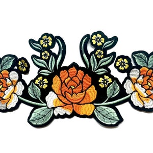 Extra Large Embroidered Floral Patch  - 11 x 5 Inch - High Quality Iron-On DIY Boho Style Orange and Yellow with Cutwork - Really Gorgeous!