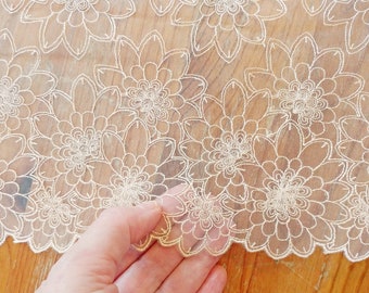 Stunning! Light Beige Floral Embroidered Mesh Lace Trim With Scalloped Edges - 8.5 inch Width - Per Yard - Very Soft Fine Non-Stretch