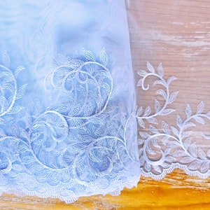 New Fine Light Periwinkle Embroidered Mesh Lace Trim 1 Yard With a Lively Leaf Flourish Pattern and Scalloped Edge 7 Inch Width image 2