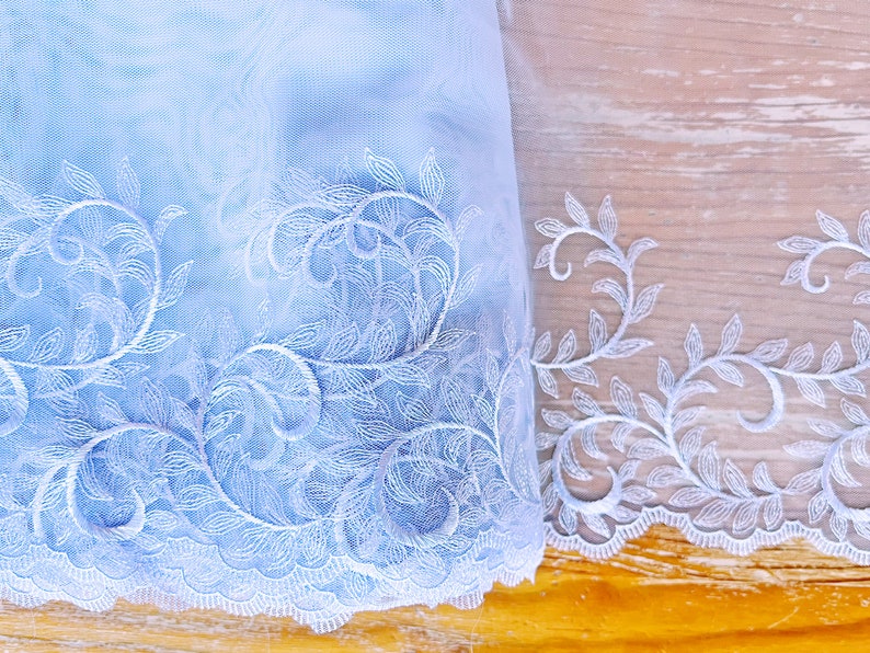 New Fine Light Periwinkle Embroidered Mesh Lace Trim 1 Yard With a Lively Leaf Flourish Pattern and Scalloped Edge 7 Inch Width image 2