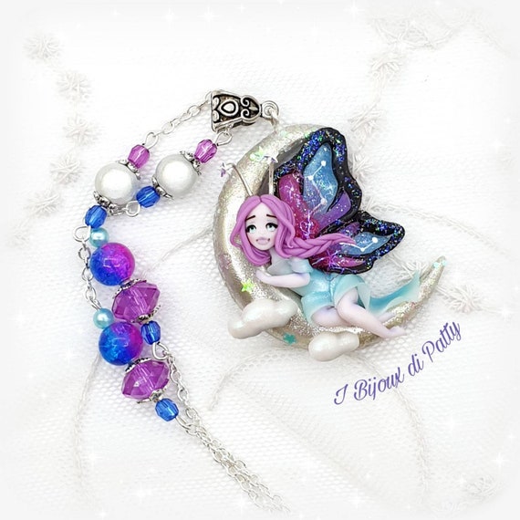 Collana Con Luna Argento E Fata Lilla E Azzurra