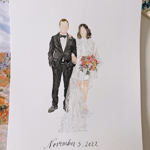 Custom Faceless Watercolor Wedding Portrait Bride and Groom Illustration