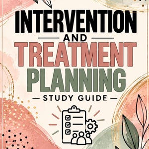 Può includere: Una copertina di guida allo studio intitolata Intervention and Treatment Planning in testo nero in grassetto e rosa tenue. Il design presenta forme astratte ad acquerello in pesca, verde salvia e oro, con un'icona centrale di appunti e ingranaggio.
