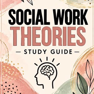 Puede incluir: Una guía de estudio titulada SOCIAL WORK THEORIES con fuente negra y rosa. La portada presenta un dibujo lineal negro de una cabeza humana con un cerebro y líneas radiantes, rodeado de formas abstractas de acuarela en rosa, verde y dorado.
