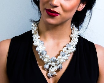 Large pearl necklace, white Statement jewelry, chunky bridal necklace