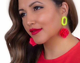 Hand Sculpted Polymer Clay Flower Earrings, Neon Acrylic Hoops