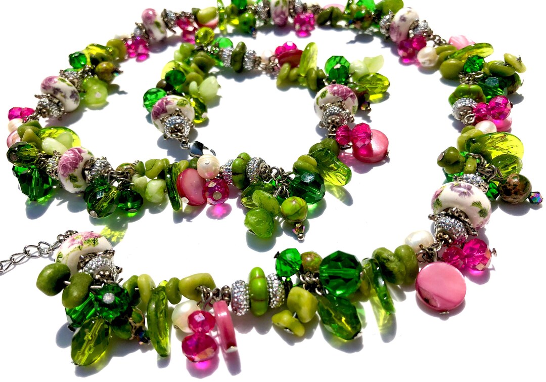 Long flower necklace, pink rose beaded necklace, flower vine necklace