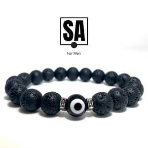 Men’s evil eye bracelet, black eye men’s jewelry, natural lava rock bracelet for men