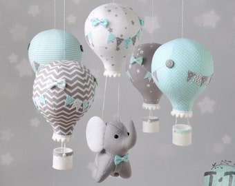 Elephant baby mobile, gris menthe blanc montgolfière mobile, thème de voyage nursery, éléphant balloon mobile, baby shower, gender neutral