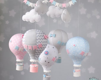 Personalized Hot Air Balloon Baby Mobile, Pastel pink blue silver mobile, Nursery Decor, Balloon Nursery, Baby Shower Gift, Travel theme