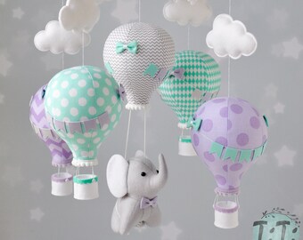 Mobile bébé éléphant, mobile bébé feutre, mobile ballon à air chaud, éléphant feutre, mobile ballon éléphant aqua, violet et gris