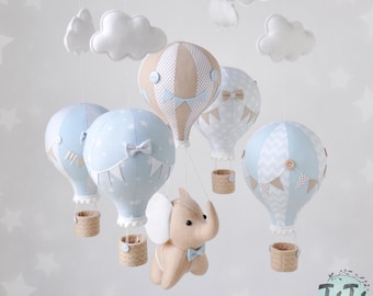 Éléphant et montgolfières bébé garçon mobile, chambre d’enfant à thème de voyage, éléphant en feutre, mobile beige bleu bébé, baby shower, crèche d’aventure