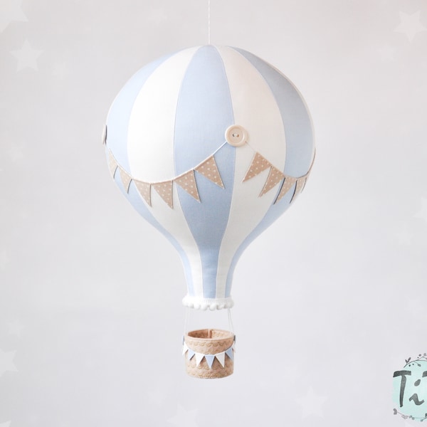 BIG hot air balloon, travel theme nursery decor, hot air balloon retro style, baby shower gift, off white beige and blue, gender  neutral