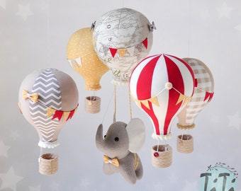 Mobile bébé éléphant, mobile de voyage, mobile montgolfière, ballon carte, jaune rouge marron, style rétro, pépinière aventure