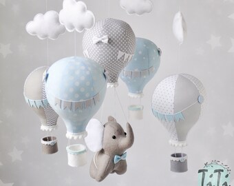 Éléphant et montgolfières bébé mobile, thème de voyage crèche, feutre éléphant, bébé bleu taupe gris mobile, bébé garçon mobile, baby shower