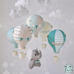Elephant baby mobile, Travel Mobile, montgolfière mobile, balloon mobile, elephant balloon mobile, beige sage vert ivoire, style rétro image 1