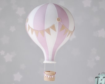 GROSSE montgolfière, décoration chambre d'enfant thème voyage, style rétro montgolfière, cadeau baby shower, blanc, violet pastel et beige, chambre fille