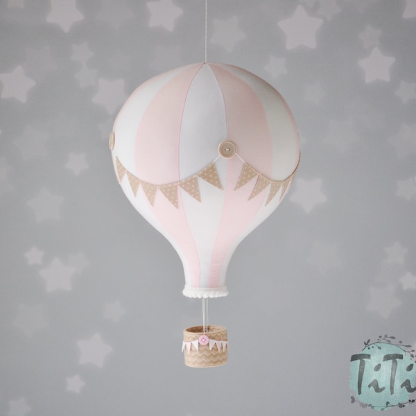 GRANDE mongolfiera, arredamento per bambini a tema di viaggio, stile retrò in mongolfiera, regalo per baby shower, bianco, rosa pastello e beige, cameretta per ragazze