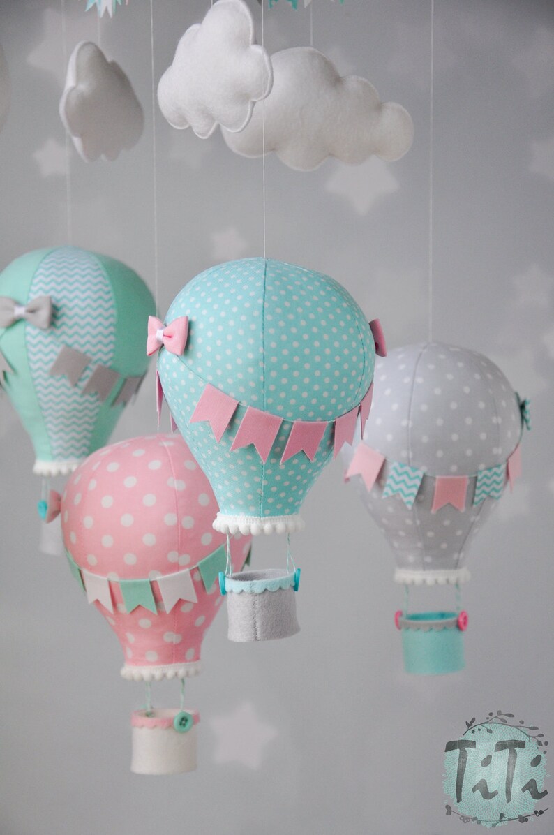 Personalizado globo aerostático bebé móvil pastel aqua rosa | Etsy