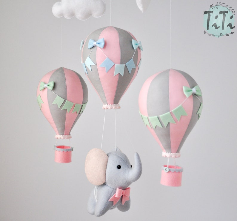 Personalized Elephant baby mobile, travel baby mobile, hot air balloon mobile, balloon mobile, felt elephant, elephant balloon mobile image 3