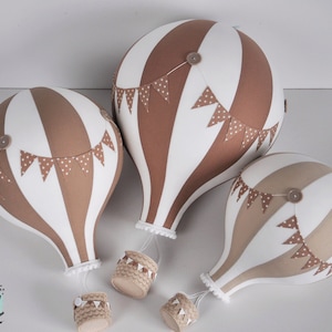 Set of 3 BIG hot air balloons, travel theme safari nursery decoration, gender neutral color, baby shower, brown beige and white, party decor