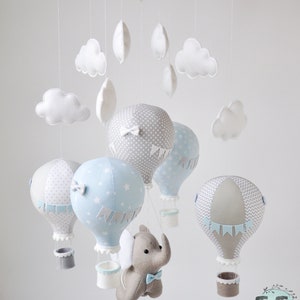 Éléphant et montgolfières bébé mobile, thème de voyage crèche, feutre éléphant, bébé bleu taupe gris mobile, bébé garçon mobile, baby shower image 8