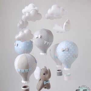Éléphant et montgolfières bébé mobile, thème de voyage crèche, feutre éléphant, bébé bleu taupe gris mobile, bébé garçon mobile, baby shower image 3