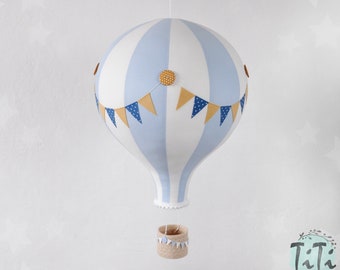 GRANDE montgolfière, décor de pépinière de thème de voyage, style rétro de montgolfière, cadeau de douche de bébé, blanc cassé, bleu, moutarde, neutre de genre