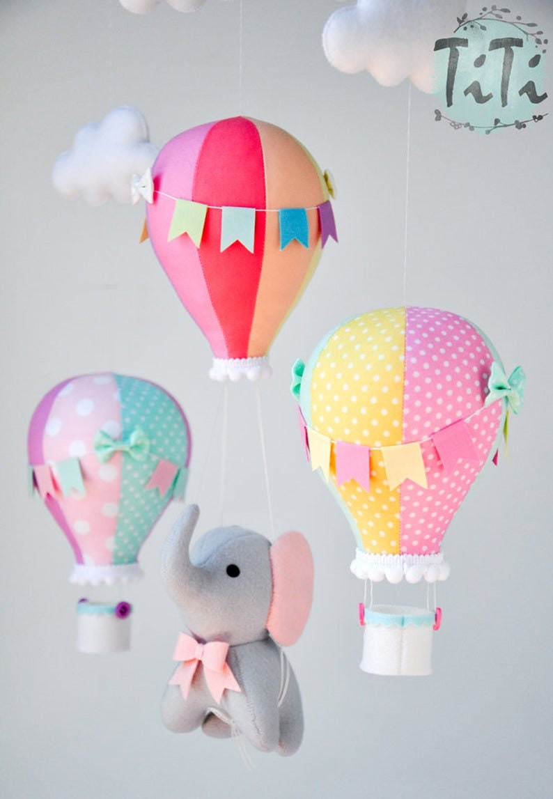 Personalized Elephant baby mobile, travel baby mobile, hot air balloon mobile, balloon mobile, felt elephant, elephant balloon mobile image 2