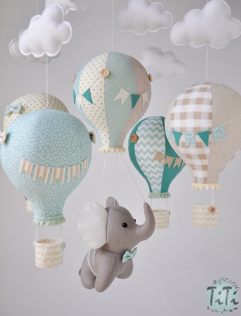 Elephant baby mobile, Travel Mobile, montgolfière mobile, balloon mobile, elephant balloon mobile, beige sage vert ivoire, style rétro image 8