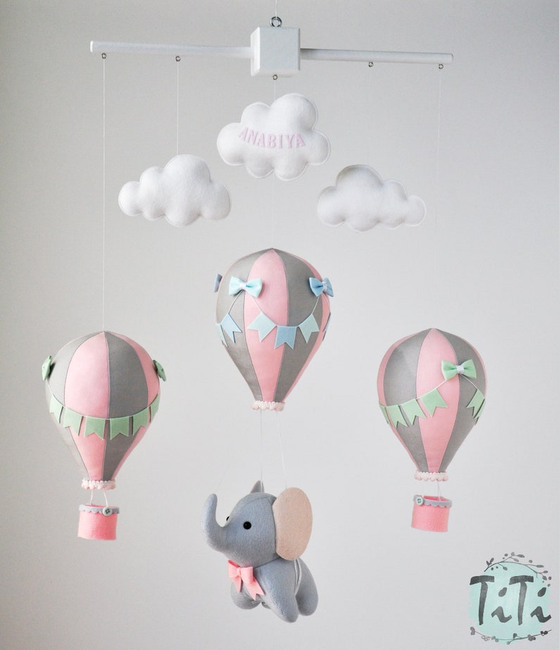 Personalized Elephant baby mobile, travel baby mobile, hot air balloon mobile, balloon mobile, felt elephant, elephant balloon mobile image 4