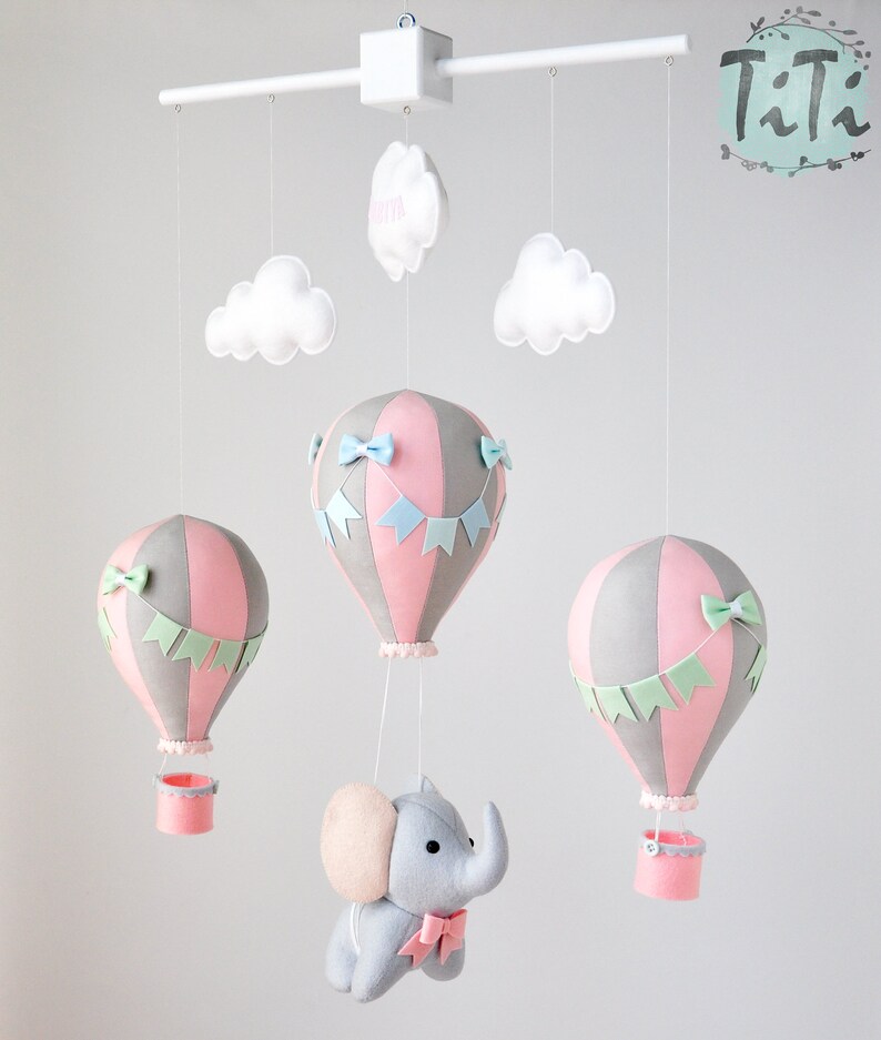 Personalized Elephant baby mobile, travel baby mobile, hot air balloon mobile, balloon mobile, felt elephant, elephant balloon mobile image 7