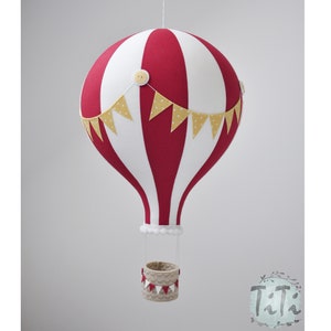 BIG hot air balloon, travel theme nursery decor, hot air balloon retro style, baby shower gift, red off white and yellow, baby boy nursery