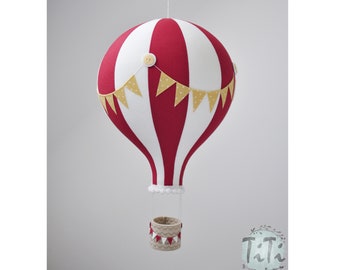 BIG hot air balloon, travel theme nursery decor, hot air balloon retro style, baby shower gift, red off white and yellow, baby boy nursery