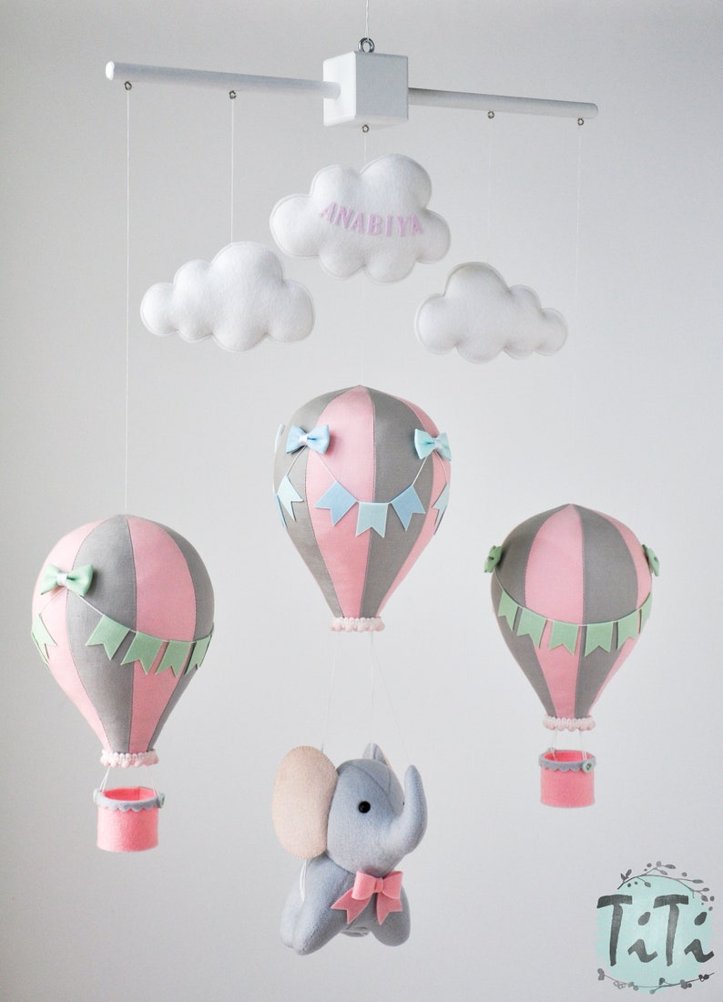 Personalized Elephant baby mobile, travel baby mobile, hot air balloon mobile, balloon mobile, felt elephant, elephant balloon mobile image 5