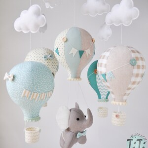 Elephant baby mobile, Travel Mobile, montgolfière mobile, balloon mobile, elephant balloon mobile, beige sage vert ivoire, style rétro image 9