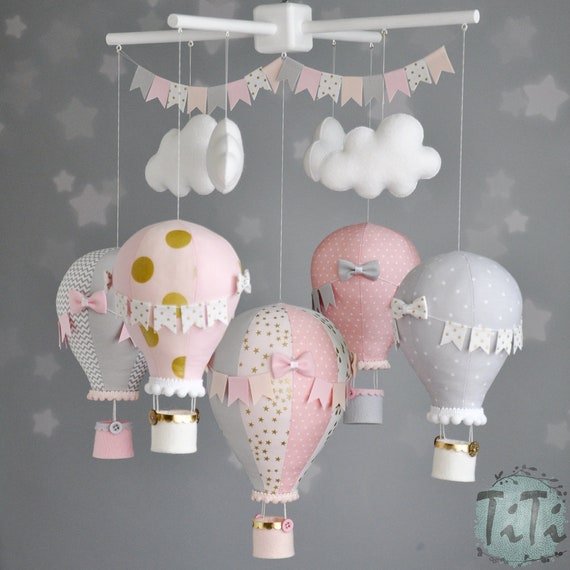 Personalized Hot Air Balloon Baby Mobile Pastel Pink Grey And Etsy