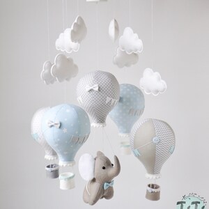 Éléphant et montgolfières bébé mobile, thème de voyage crèche, feutre éléphant, bébé bleu taupe gris mobile, bébé garçon mobile, baby shower image 6