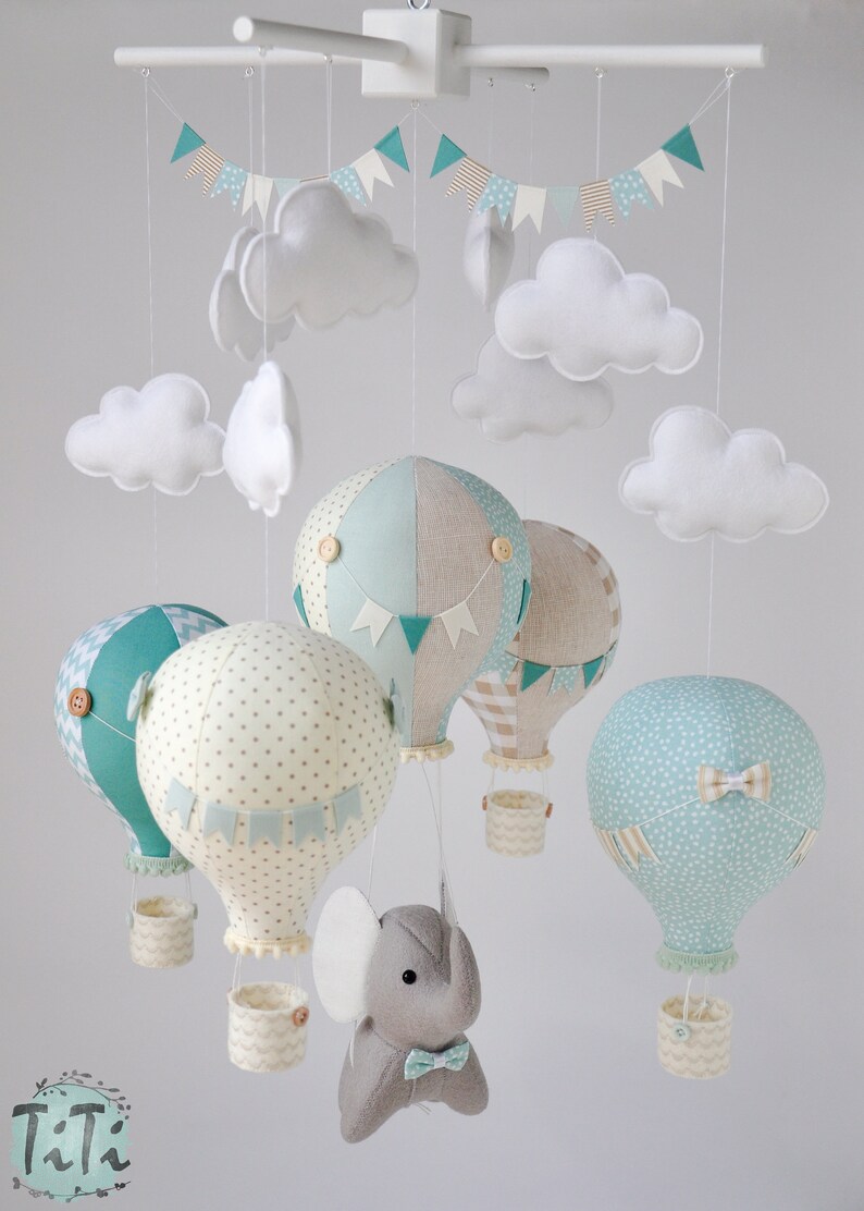 Elephant baby mobile, Travel Mobile, montgolfière mobile, balloon mobile, elephant balloon mobile, beige sage vert ivoire, style rétro image 7