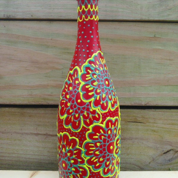 Hand Painted Wine Bottle- Red with Teal and Yellow Flowers