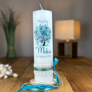 Baptism candle, communion candle, tree of life in turquoise in vintage style with lace ribbon + bow on the side in petrol-turquoise (motif 42)