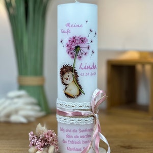 Baptism candle hedgehog girl with dandelion in vintage with lace ribbon + bow on the side (motif 163)