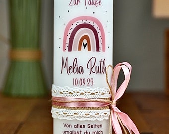 Taufkerze Regenbogen Mädchenfarben in Vintage + Spitzenband mit Schleife seitlich in altrosa-rosa (Motiv 197-9)