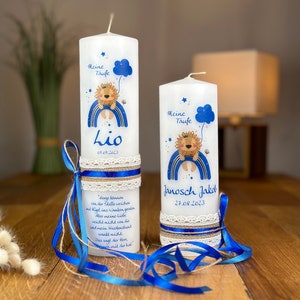 Baptism candle lion with rainbow blue on vintage candle + lace ribbon + bow on the side in light & dark blue (motif 360 dark blue)