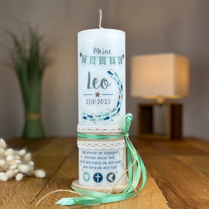 Baptism candle, communion candle, school of fish in mint in vintage style + lace ribbon + bow on the side in mint light & dark