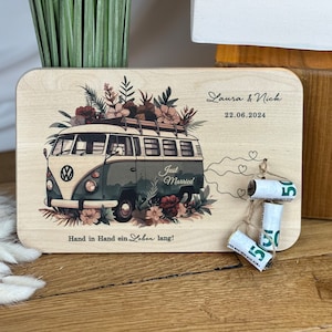Hochzeitsgeschenk, Geldgeschenk, Holz, Auto, Brautpaar, Geschenk zur Hochzeit personalisiert im Boho Styl WV Bulli T1 (Brautauto salbei 4)
