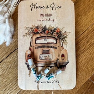 Hochzeitsgeschenk, Geldgeschenk, Holz, Auto, Brautpaar, Geschenk zur Hochzeit personalisiert im Boho Styl
