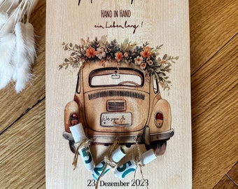 Hochzeitsgeschenk, Geldgeschenk, Holz, Auto, Brautpaar, Geschenk zur Hochzeit personalisiert im Boho Styl